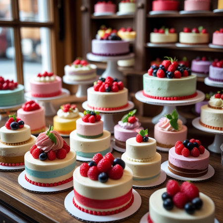 Delicious colorful cakes with raspberries, blueberries and strawberriesの素材