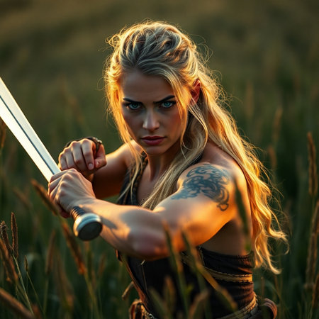 Warrior girl with sword in a wheat field. Fantasy and fantasy.の素材