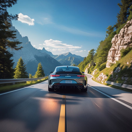 Car on the road in the mountains. 3D Rendering.の素材
