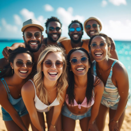 summer, holidays, vacation, travel and people concept - group of smiling friends in sunglasses on beachの素材