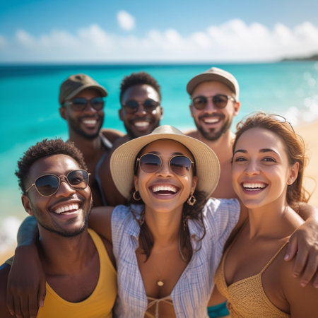 friendship, travel, summer vacation and people concept - group of smiling friends in sunglasses and hats hugging on beachの素材