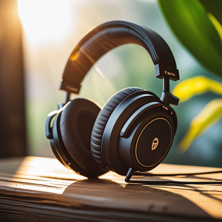 Headphones on a wooden table. Selective focus. nature.の素材