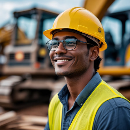portrait of smiling african american builder in helmet and glasses at construction siteの素材