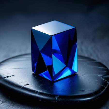 Blue crystal cube on a dark background. 3d render illustration.の素材