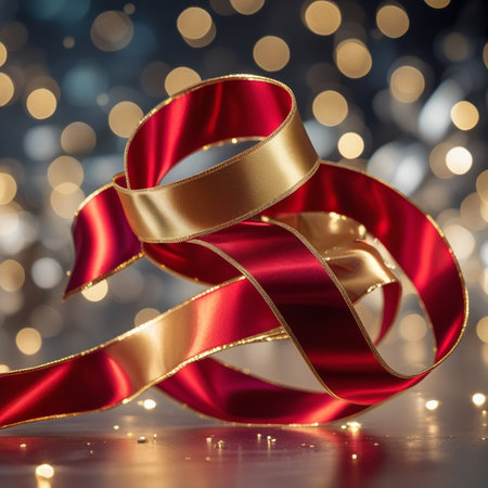 Shiny red ribbon on bokeh background. Festive decorationの素材