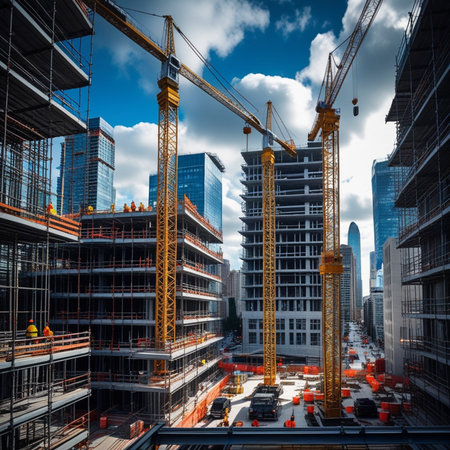 Construction site with cranes and building under construction against blue sky.の素材