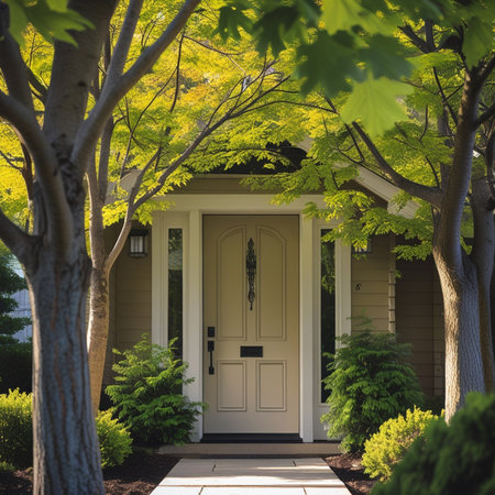 Front door of a house with a tree in the background, 3d renderの素材