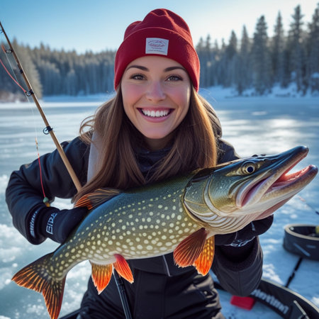 Smiling young woman with big pike fish on ice in winterの素材