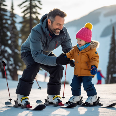 Father and son skiing together in the mountains. Winter sports activities for family.の素材