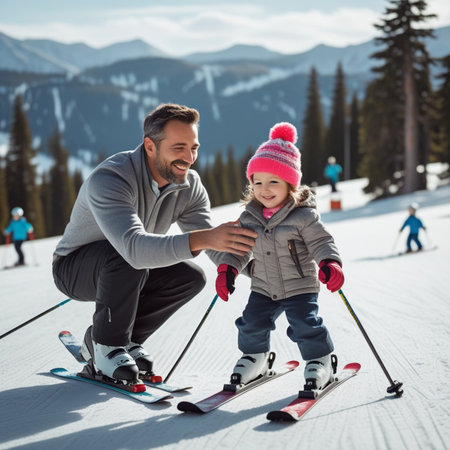 happy father and daughter skiing together on snow slope in winter at resortの素材