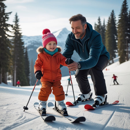 happy father and son skiing on ski slope at winter vacation in mountainsの素材