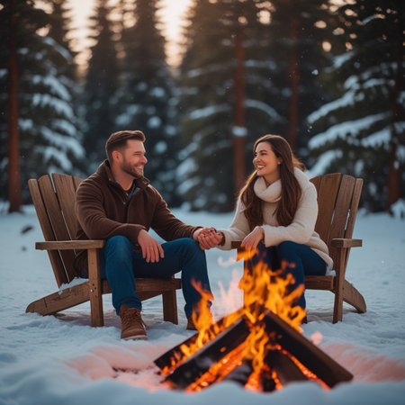 Couple in love sitting by the fire in the winter forest.の素材