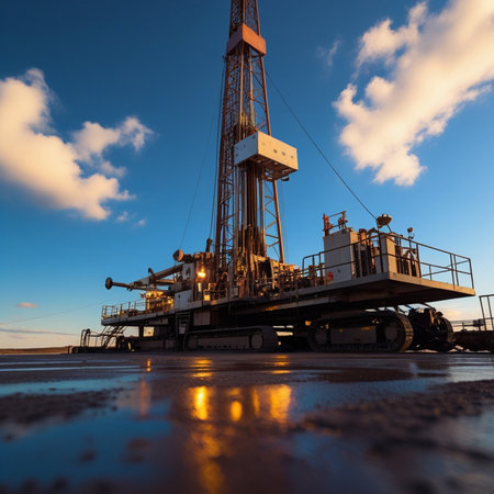 Oil drilling rig in oil field at sunset. Oil and gas industry.の素材