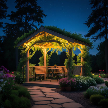 Beautiful gazebo in the garden at night with starsの素材