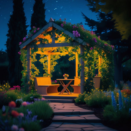 Gazebo in the garden at night with stars and flowersの素材