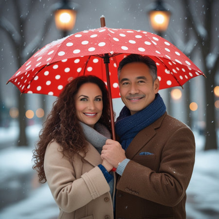 Couple in love under an umbrella in a snowy winter park.の素材