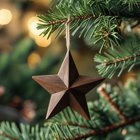 Wooden star on a Christmas tree. Christmas and New Year backgroundの素材