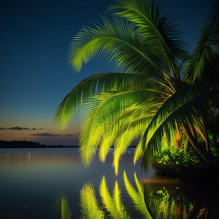 Palm trees at night with starry sky reflected in the waterの素材