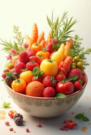 Bowl of fresh fruits and vegetables on white background, closeupの素材