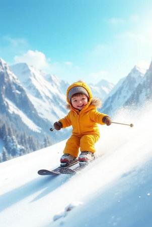 Little boy skiing in the mountains on a sunny day. Winter sportsの素材