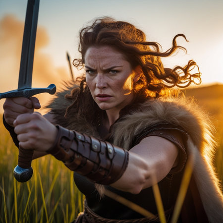 Portrait of a woman viking warrior in the field at sunsetの素材