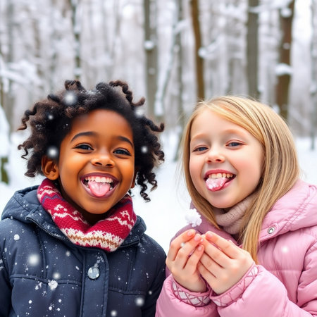 Two little girls in winter park, laughing and blowing snowflakesの素材