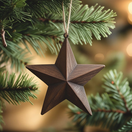Christmas tree decoration with wooden star on blurred bokeh background.の素材
