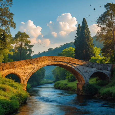 Old stone bridge over the river at sunset. Tuscany, Italyの素材
