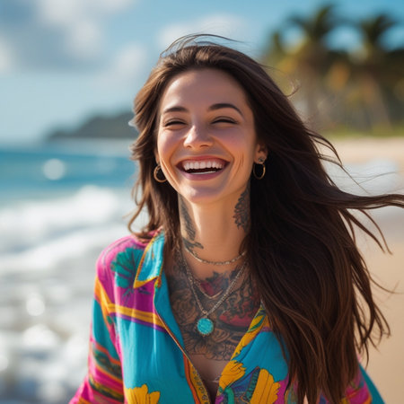 Portrait of a beautiful young woman smiling on the beach in Mexicoの素材