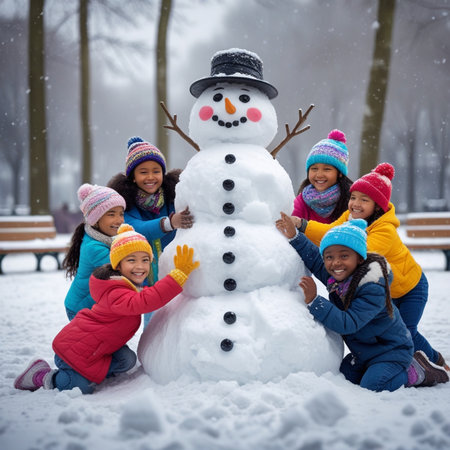 Group of happy children making snowman in park during snowfall.の素材
