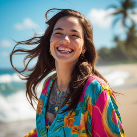 Portrait of a beautiful young woman smiling at the beach on a sunny dayの素材