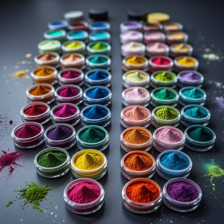 multicolored holi powder in plastic containers on black background.の素材