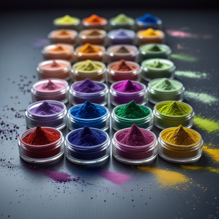Colorful holi powder in a glass jar on a black backgroundの素材