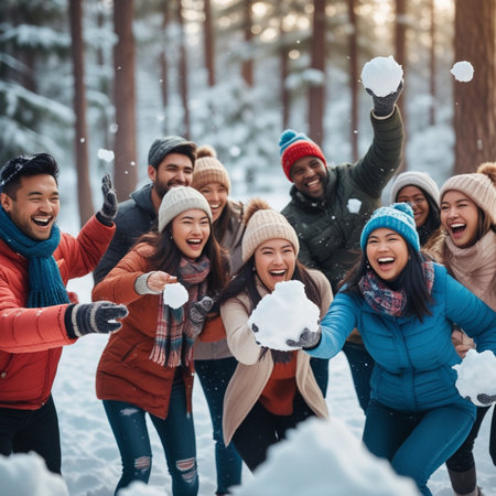 Cheerful friends throwing snow in the air and having fun in winter forestの素材