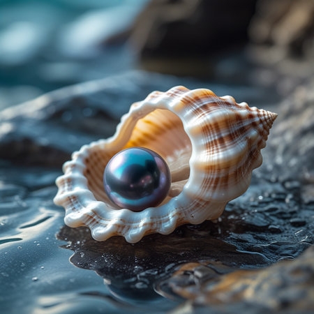 Pearl in the shell of a sea snail on a stone backgroundの素材