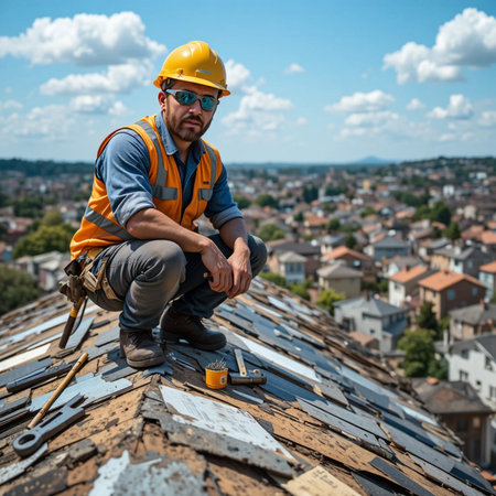 Worker on the roof of an old house in a yellow helmetの素材