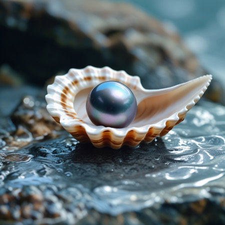 Pearl in a shell on a black background. Selective focus.の素材