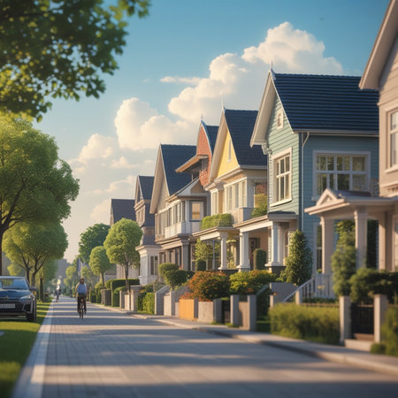 Houses in a row on the street in the city. Summerの素材