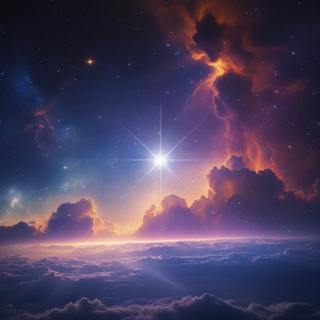 Sunrise above the clouds in the night sky. 3D renderingの素材