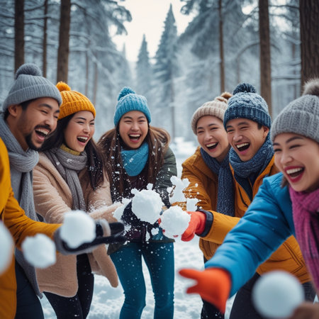 Group of friends playing snowballs in winter forest. Group of friends having fun outdoors.の素材