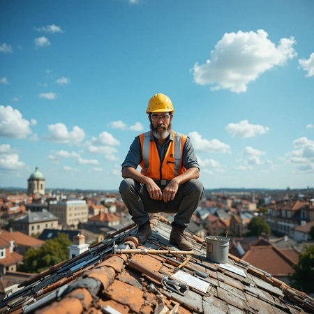 Portrait of a worker on the roof of the old house.の素材