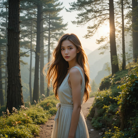 Beautiful young Asian woman walking in the forest at sunset.の素材