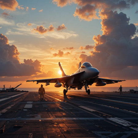 Airplane taking off from the runway of an aircraft carrier at sunsetの素材