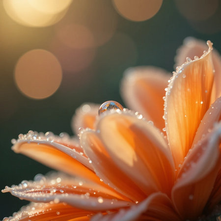 Close up of water drop on orange flower petals with bokeh backgroundの素材