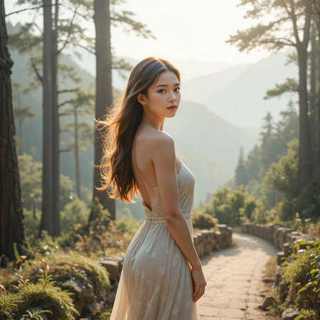 Portrait of a beautiful young Asian woman in white dress walking on the road in the forestの素材