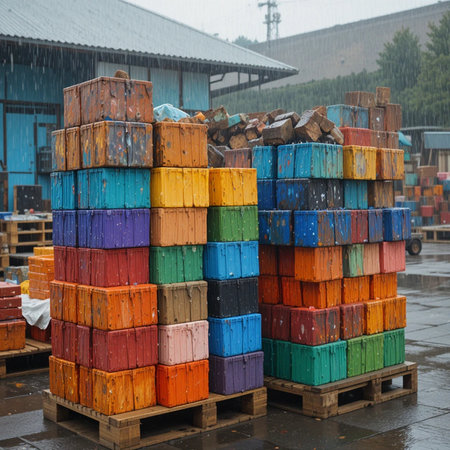 Colorful wooden boxes stacked in a warehouse with raindrops on the groundの素材
