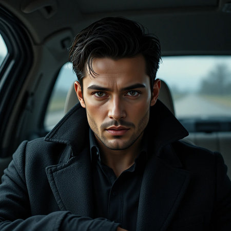 Portrait of a handsome young man in a black coat sitting in the carの素材