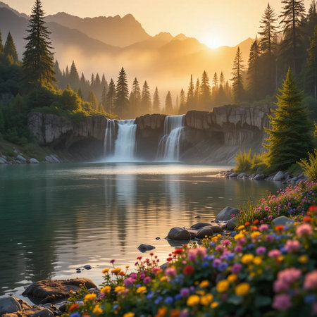 Fantastic view of the waterfall in the mountains at sunrise.の素材