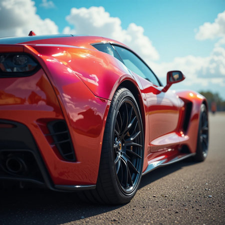 Front view of a red sport car on the road with blue skyの素材