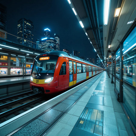 Modern high-speed train in the city at night, motion blurの素材